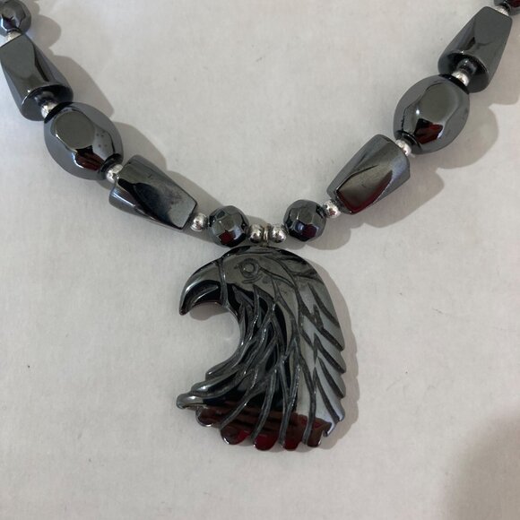 American Bald Eagle Head Hematite Bead Necklace Freedom Bird - Picture 2 of 5
